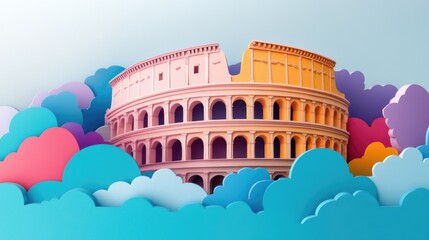 paper cut style illustration Colosseum colorful 3d whimsical clouds