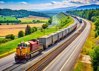 Obraz premium Freight train travels alongside a rural highway, locomotive and railcars moving in tandem with a lone vehicle driving parallel on the adjacent asphalt road.