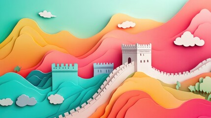 paper cut style illustration Great Wall of China colorful 3d whimsical clouds