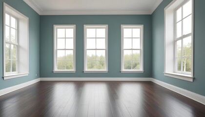 Fototapeta premium Empty room with large windows, hardwood floors, and white walls