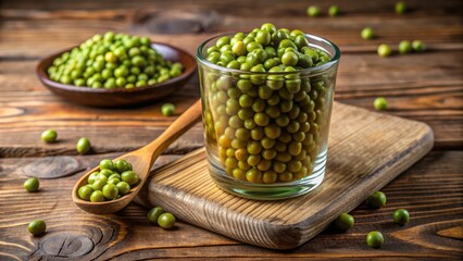 A glass cup containing canned green peas sits on a wooden surface, accompanied by a wooden spoon, set against a warmly lit, rustic background.