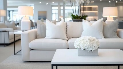 Modern Lounge Area With White Sofas and Coffee Table in Urban Setting