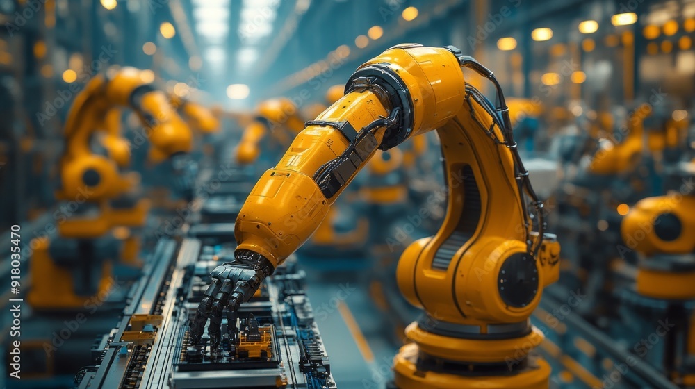 Poster A yellow robot is working on a machine in a factory