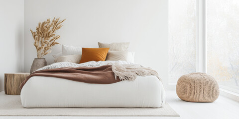 Modern Scandinavian luxury bedroom interiors with an elegant bed and minimal decoration next to a large window.