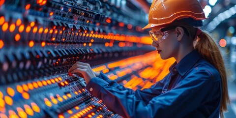 Female engineer in a hard hat working on a large server rack, surrounded by glowing orange lights, representing data management, technology, and network infrastructure in a modern industrial setting