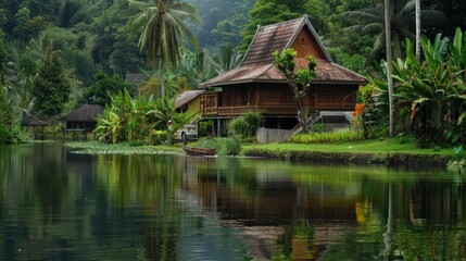 Obraz premium Tranquil Lake House in Lush Tropical Paradise