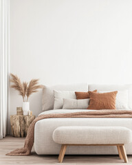 Modern Scandinavian luxury bedroom interiors with an elegant bed and minimal decoration next to a large window.