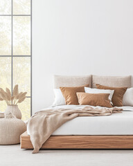Fototapeta premium Modern Scandinavian luxury bedroom interiors with an elegant bed and minimal decoration next to a large window.