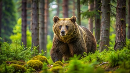 Fototapeta premium A massive brown bear roams a lush forest, its curious eyes scanning the surroundings, searching for berries, nuts, or fish to satiate its growling hunger.