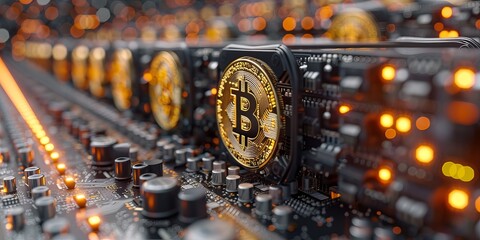 Bitcoin mining hardware with glowing circuit boards and cryptocurrency symbols, illustrating the digital currency mining process in a high-tech environment