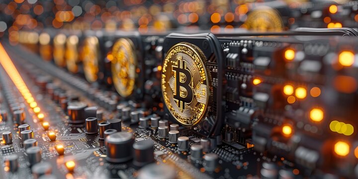 Bitcoin mining hardware with glowing circuit boards and cryptocurrency symbols, illustrating the digital currency mining process in a high-tech environment