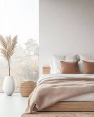 Modern Scandinavian luxury bedroom interiors with an elegant bed and minimal decoration next to a large window.