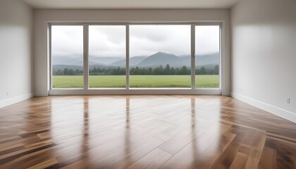Empty room with large windows, hardwood floors, and white walls
