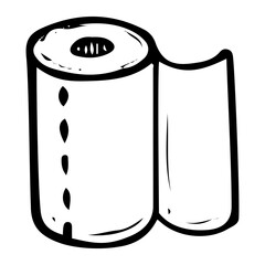 Roll of paper towels hand drawn doodle. Household product for wiping stains in the kitchen. House cleaning. Laundry room. Vector outline line art illustration.