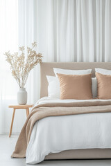 Modern Scandinavian luxury bedroom interiors with an elegant bed and minimal decoration next to a large window.