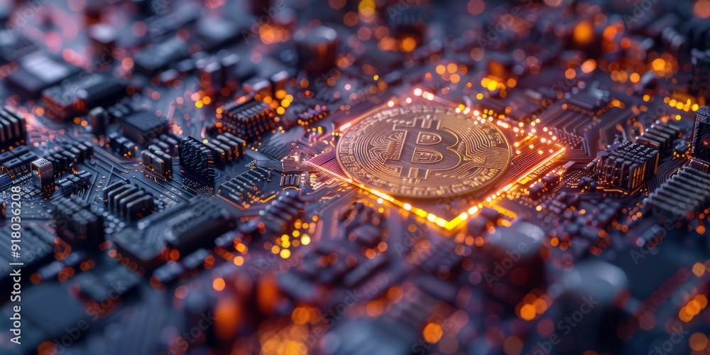 Poster bitcoin integrated into a glowing circuit board, representing the fusion of cryptocurrency with adva