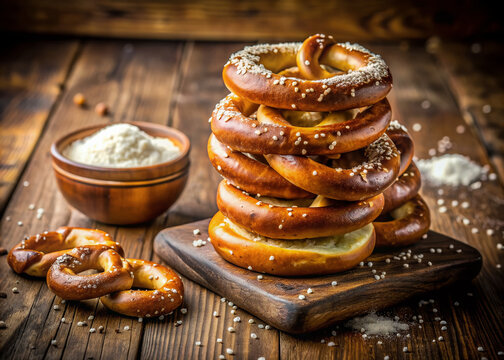 Freshly baked pretzels stacked on a rustic wooden table, surrounded by scattered flour and sesames seeds, evoking a sense of warmth and homemade comfort.