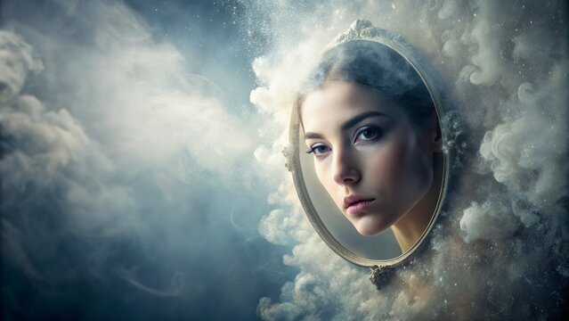 A serene, abstract composition featuring a fragment of a face peering back from a misty, silvered mirror, surrounded by soft, ethereal light and shadows.