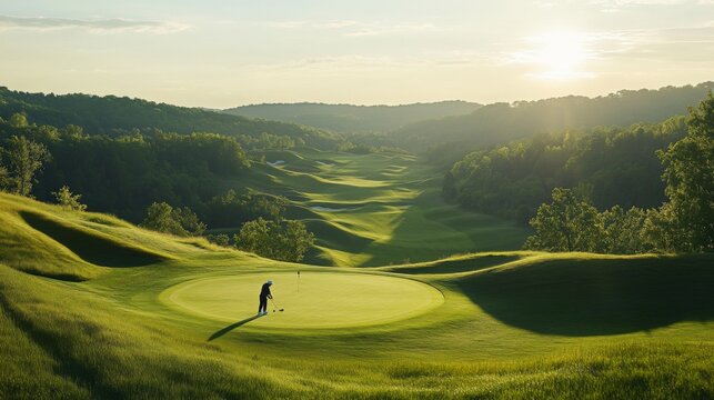 A panoramic view of a beautiful golf course with rolling hills, a well-maintained green, and a golfer putting on the green, showcasing the expansive landscape.