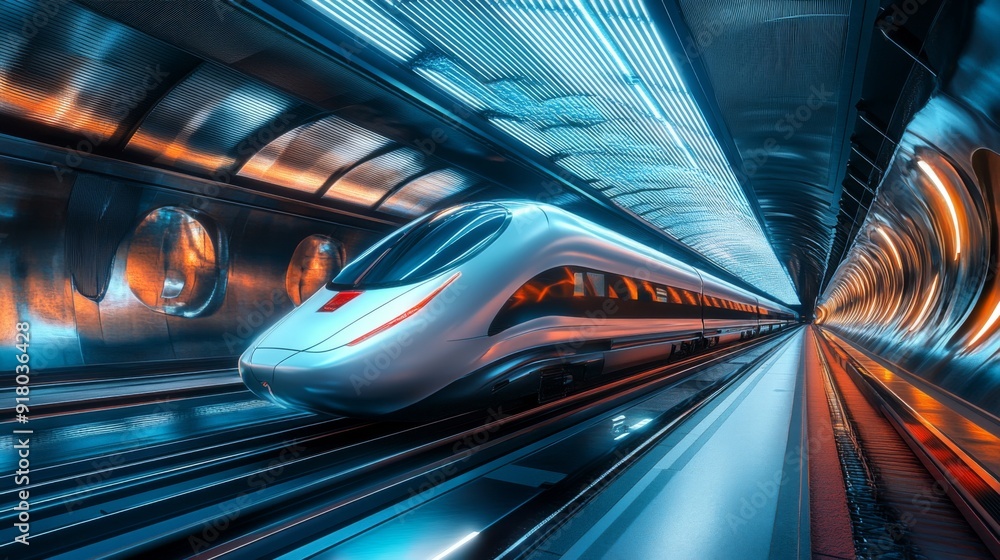 Poster a panoramic view of a high-speed train arriving at a futuristic station, with a focus on the sleek d