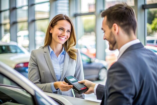 A smiling customer completes a seamless payment at a car dealership using a wireless bank terminal and credit card, exemplifying convenient modern transactions.