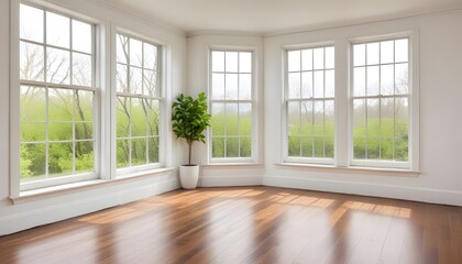 Fototapeta premium Empty room with large windows, hardwood floors, and natural lighting