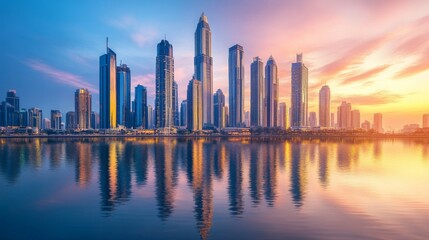 Fototapeta premium A panoramic view of tall skyscrapers reflecting in a river at sunset, with the city skyline illuminated and the water creating a stunning mirror effect.