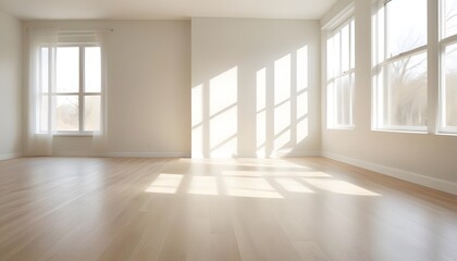 Fototapeta premium Empty room with large windows, hardwood floors, and natural lighting