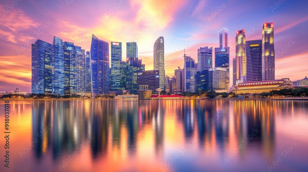 Aufkleber a panoramic view of tall skyscrapers reflecting in a river at sunset, with the city skyline illumina