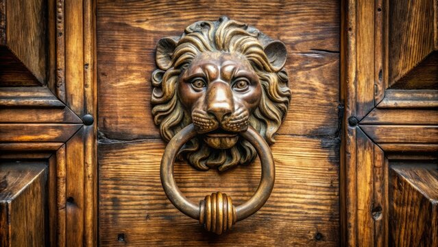 A worn brass door knocker in the shape of a lion's head adorns a vintage wooden door, awaiting a visitor's gentle tap.