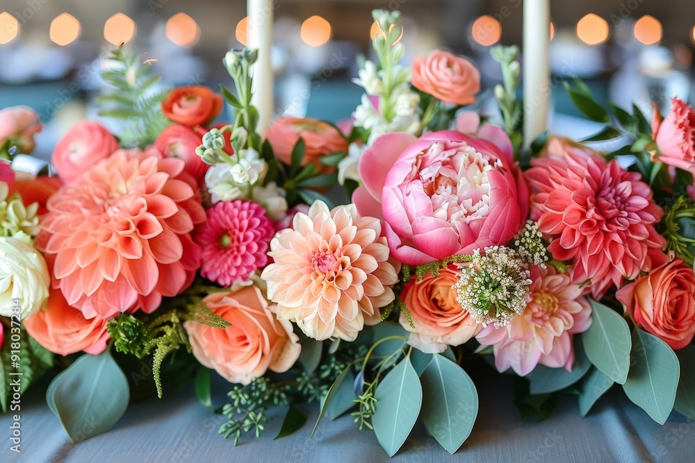 Poster floral grid backdrop at a garden wedding, showcasing vibrant flowers arranged in a geometric pattern