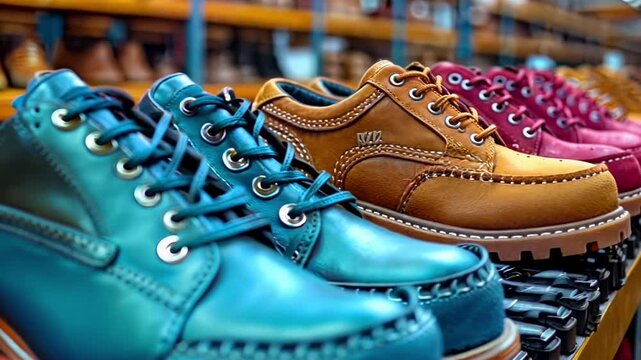 A rack of shoes with a variety of colors and styles. The shoes are displayed on a conveyor belt, and the colors include blue, red, and yellow
