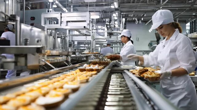 A woman is working in a factory, making cookies. She is wearing a white hat and a white apron