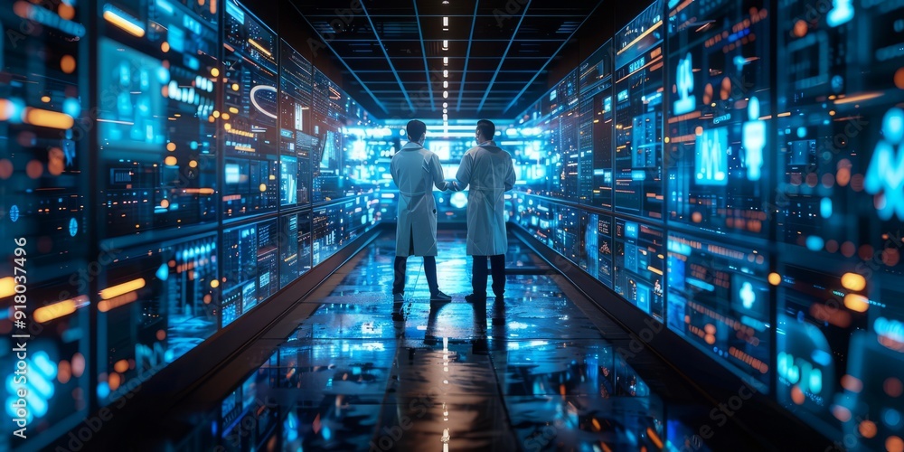 Poster two scientists in lab coats standing in a futuristic data center, surrounded by glowing digital scre