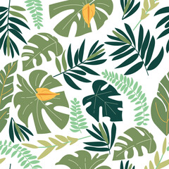 Tropical leaf pattern. Seamless vector pattern featuring lush tropical leaves and flowers in green and yellow tones. Perfect for fabric design, wallpapers, and digital backgrounds.