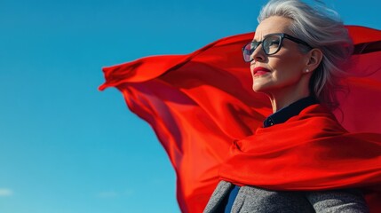 Portrait of successful woman looking,  she nice attractive strong powerful cheerful cheery glad gray-haired lady wearing red costume super granny on blue wall with copy space 