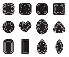 Vector gemstone cut silhouettes.Set of 12 vector silhouettes showcasing various gemstone cuts: round, square, oval, and heart-shaped. Ideal for jewelry design, branding, web, and print. 