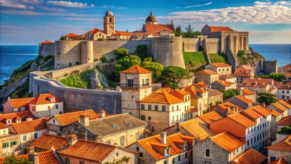 Fototapeta premium Ancient stone walls and towers of medieval St George's castle rise above red-tiled rooftops in a sun-kissed Mediterranean coastal town.