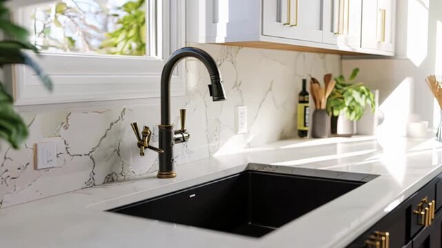 A black sink with a gold faucet sits in a kitchen with a white countertop. The sink is surrounded by a white wall and a window. The kitchen is well-lit and has a modern, clean look