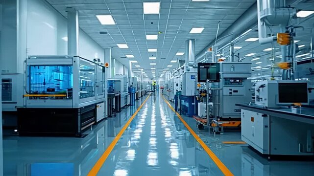 A large industrial building with a long hallway and many machines. Scene is industrial and serious
