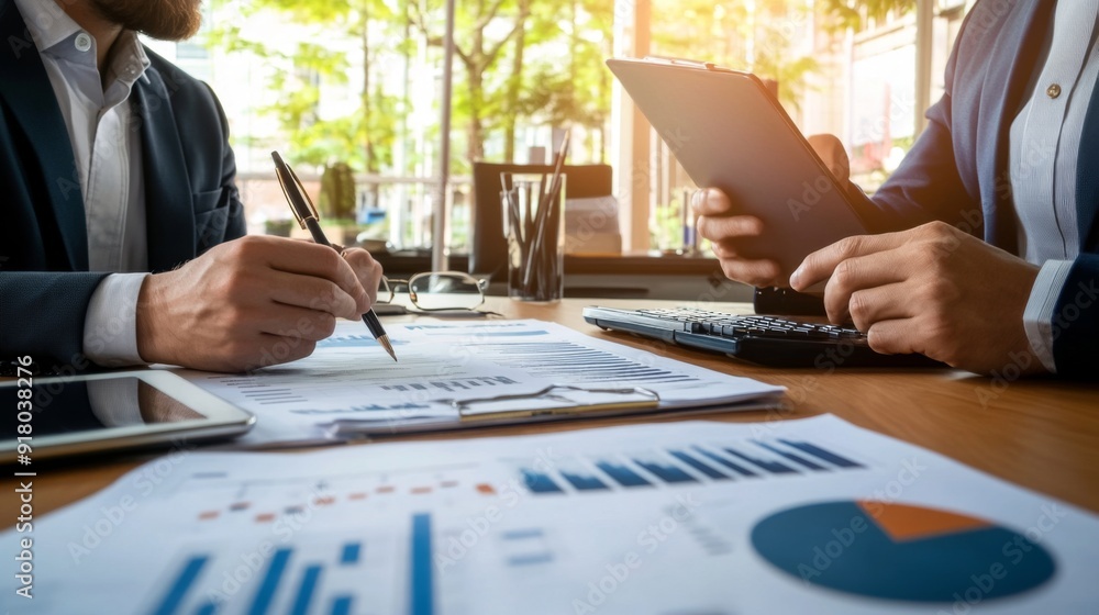 Fototapete A professional setting with a financial advisor discussing banking strategies with clients, surrounded by charts and documents on a sleek desk.
