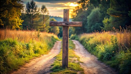 Fototapeta premium Weathered wooden cross stands upright on a dirt path, converging lines and rustic texture creating a sense of depth and spirituality in the serene atmosphere.