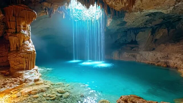 A cave with a waterfall and a pool of water