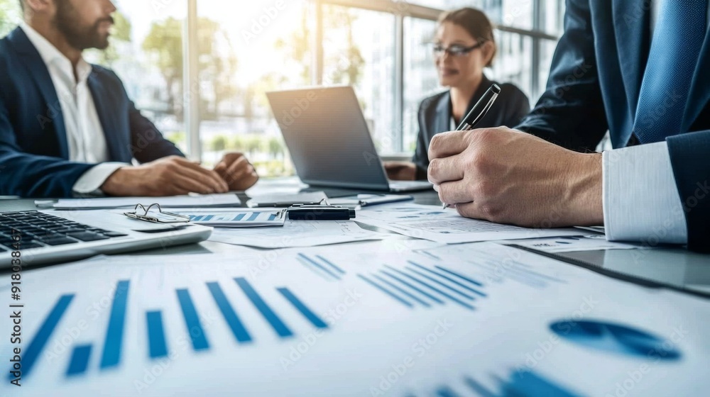 Poster A professional setting with a financial advisor discussing banking strategies with clients, surrounded by charts and documents on a sleek desk.