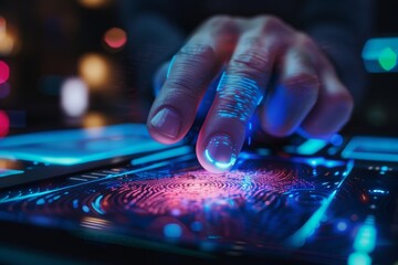 A finger touches a futuristic fingerprint scanner