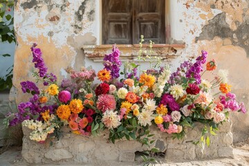 Fototapeta premium Floral grid backdrop at a garden wedding, showcasing vibrant flowers arranged in a geometric pattern