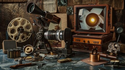 Room filled with cinematic history: black desk with retro TV, camera, film reels, lenses, and more. Nostalgic ambience enhanced by wall décor. Some items not confirmed for accuracy.