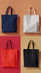 Grid of four tote bags in navy blue, white, red, and black on contrasting backgrounds. Symmetrical layout emphasizes visual harmony, eco-friendly shopping associations.