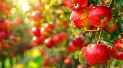 Obraz premium A sunny apple orchard scene with a tree full of ripe red apples against a green leaf backdrop. The setting evokes warmth and tranquility, possibly at sunset.