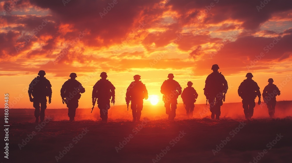 Wall mural A group of soldier silhouettes walking at dusk, framed by the rich colors of the setting sun, conveying a sense of duty and honor